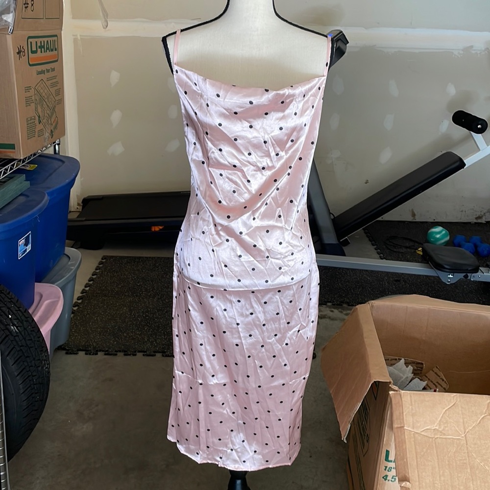 Pink large silk like dress with black polka dots new without tags